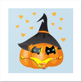 Black and Gray Cat in a Pumpkin House with Sweets Posters and Art